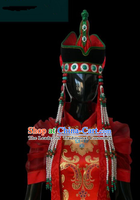 Traditional Chinese Mongol Nationality Bride Hat, Chinese Mongolian Minority Nationality Princess Headwear