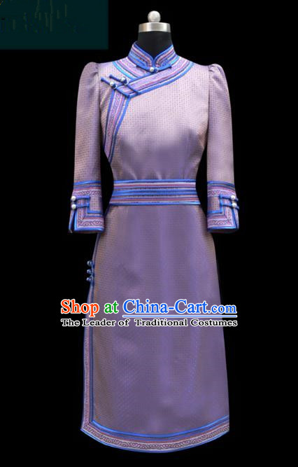 Traditional Chinese Mongol Nationality Dance Costume Lilac Short Dress, Chinese Mongolian Minority Nationality Princess Mongolian Robe for Women