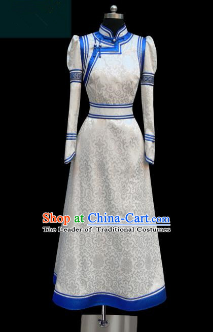 Traditional Chinese Mongol Nationality Costume, Chinese Mongolian Minority Nationality Princess White Mongolian Robe for Women