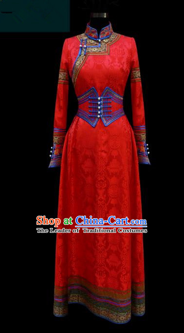 Traditional Chinese Mongol Nationality Costume Wedding Dress, Chinese Mongolian Minority Nationality Princess Bride Red Mongolian Robe for Women