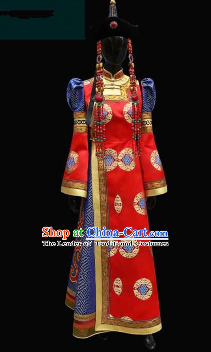 Traditional Chinese Mongol Nationality Costume Queen Wedding Full Dress, Chinese Mongolian Minority Nationality Bride Red Mongolian Robe for Women
