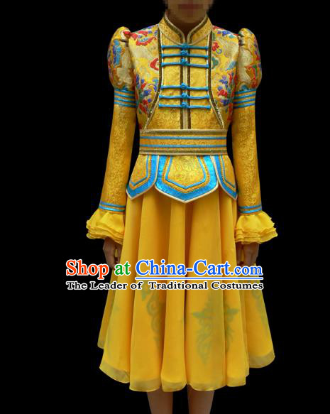 Traditional Chinese Mongol Nationality Costume Children Yellow Mongolian Robe, Chinese Mongolian Minority Nationality Dance Veil Dress Clothing for Kids
