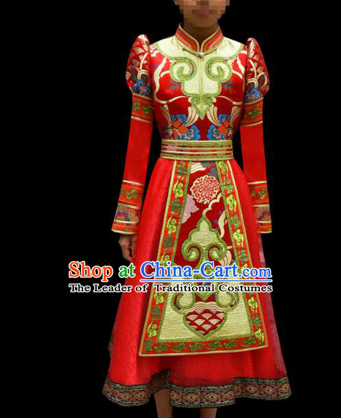 Traditional Chinese Mongol Nationality Costume Children Red Mongolian Robe, Chinese Mongolian Minority Nationality Dance Dress Clothing for Kids