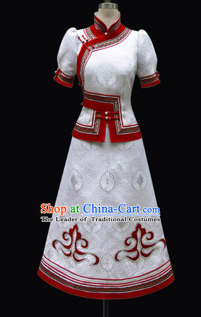 Traditional Chinese Mongol Nationality Costume Princess White Mongolian Robe, Chinese Mongolian Minority Nationality Dance Dress Clothing for Women