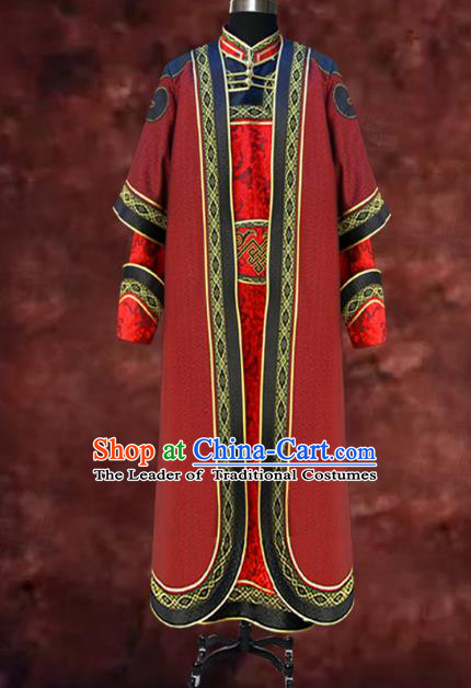 Traditional Chinese Mongol Nationality Dance Costume Wedding Red Mongolian Robe, Chinese Mongolian Minority Nationality Royal Highness Embroidery Costume for Men