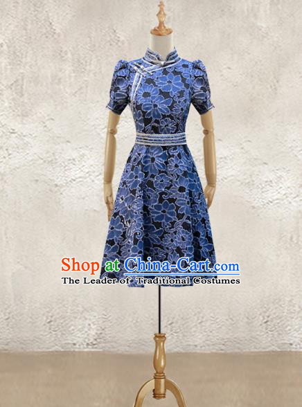 Traditional Chinese National Costume Elegant Hanfu Dress, China Tang Suit Plated Buttons Navy Chirpaur Cheongsam Qipao for Women