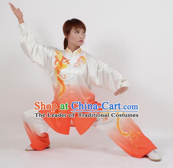 Top Kung Fu Costume Martial Arts Costume Kung Fu Training Orange Uniform, Gongfu Shaolin Wushu Embroidery Phoenix Tai Ji Clothing for Women