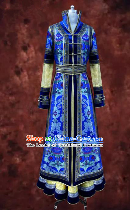Traditional Chinese Mongol Nationality Dance Costume Queen Blue Mongolian Robe, Chinese Mongolian Minority Nationality Bride Embroidery Costume for Women