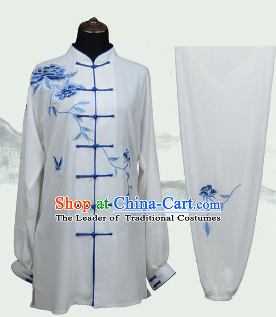 Top Kung Fu Costume Martial Arts Costume Kung Fu Training Plated Buttons Uniform, Gongfu Shaolin Wushu Embroidery Peony Tai Ji Clothing for Women for Men