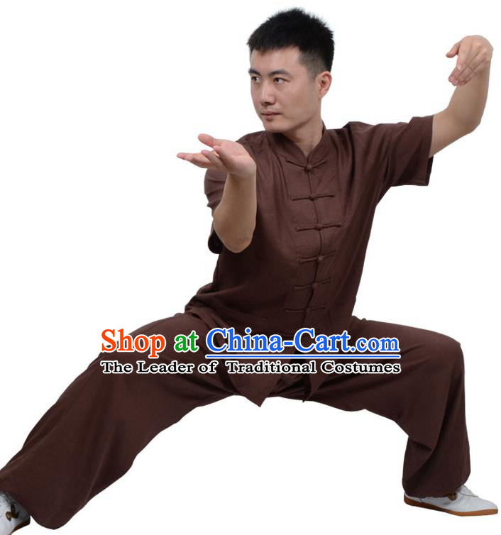 Top Kung Fu Linen Costume Martial Arts Costume Kung Fu Training Short Sleeve Coffee Uniform, Gongfu Shaolin Wushu Tai Ji Plated Buttons Clothing for Women for Men