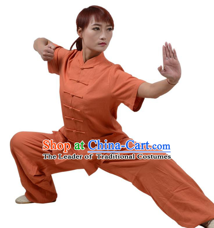 Top Kung Fu Linen Costume Martial Arts Costume Kung Fu Training Short Sleeve Orange Uniform, Gongfu Shaolin Wushu Tai Ji Plated Buttons Clothing for Women for Men