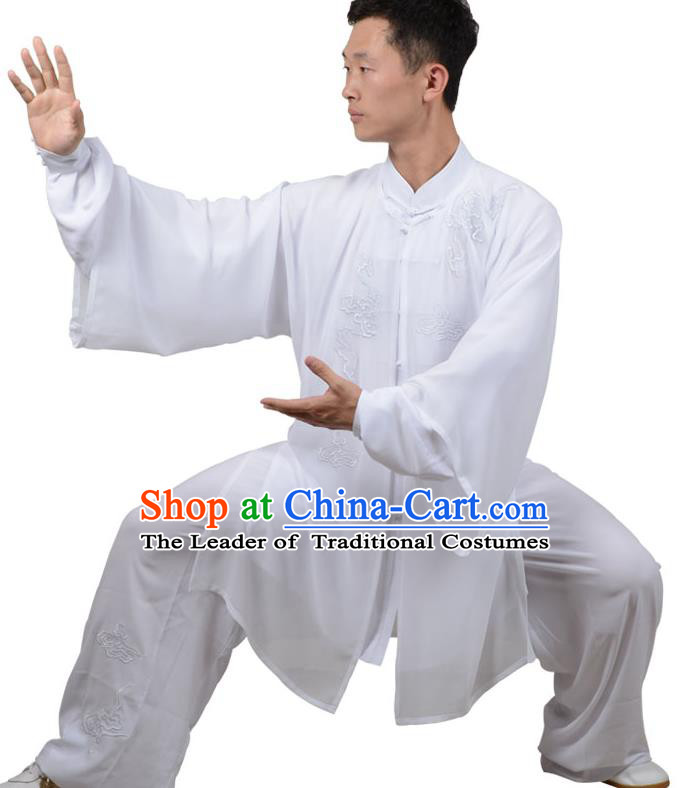 Top Kung Fu Costume Martial Arts Costume Kung Fu Training White Uniform, Gongfu Shaolin Wushu Embroidery Crane Tai Ji Three-Piece Clothing for Women for Men