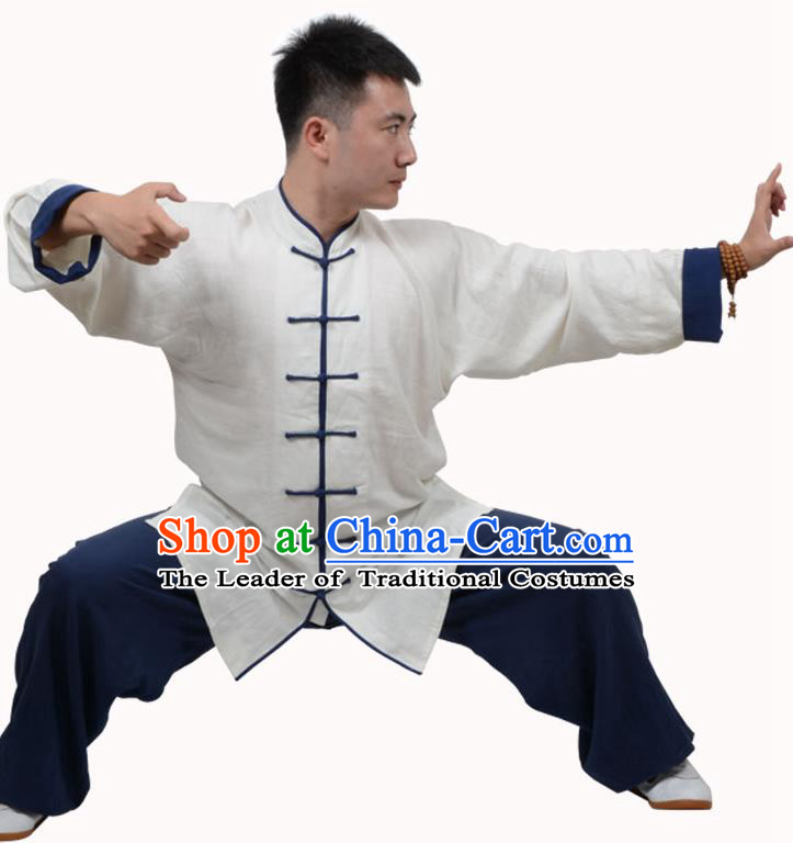 Top Kung Fu Linen Costume Martial Arts Costume Kung Fu Training White Shirt and Navy Pants, Tai Ji Plated Buttons Uniform Gongfu Wushu Clothing for Women for Men