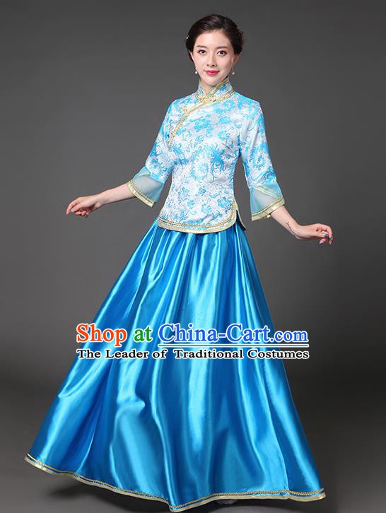 Traditional Chinese Republic of China Nobility Lady Clothing, China National Blue Cheongsam Blouse and Skirt for Women