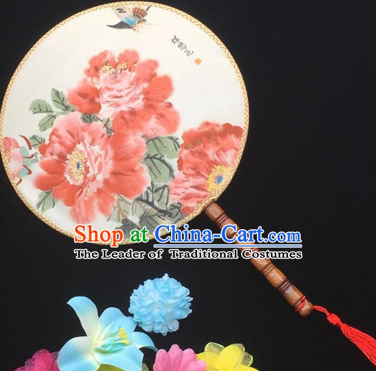 Traditional Chinese Handmade Palace Fans Hanfu Princess Printing Peony Round Fan for Women