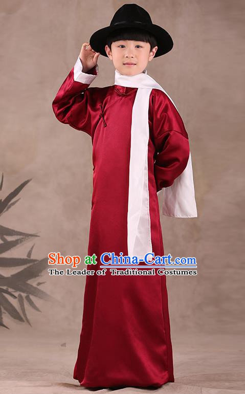 Traditional Chinese Republic of China Costume Children Wine Red Long Gown, China National Comic Dialogue Clothing for Kids