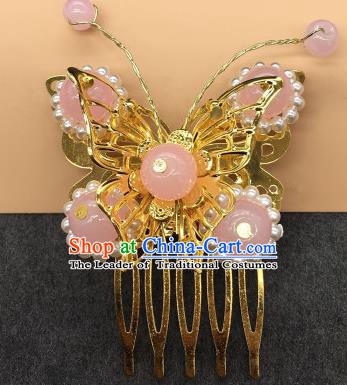 Traditional Chinese Handmade Hair Accessories Princess Hairpins Hanfu Pink Beads Butterfly Hair Comb for Kids