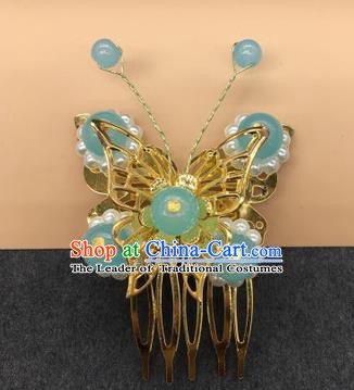 Traditional Chinese Handmade Hair Accessories Princess Hairpins Hanfu Blue Beads Butterfly Hair Comb for Kids