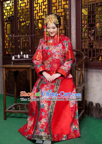 Chinese Traditional Wedding Costume Xiuhe Suits China Ancient Bride Embroidered Peony Clothing for Women