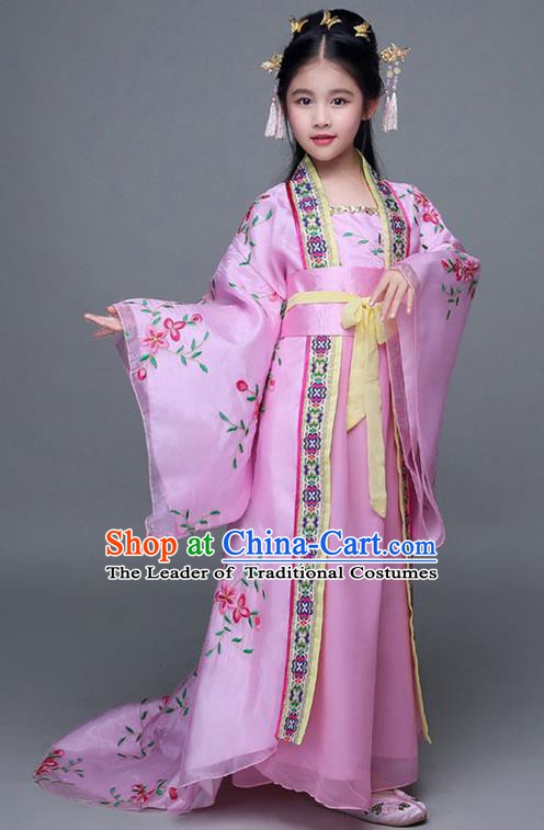 Traditional Chinese Ancient Imperial Consort Pink Costume, China Tang Dynasty Palace Princess Hanfu Embroidered Clothing for Kids
