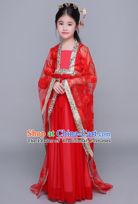 Traditional Chinese Tang Dynasty Fairy Palace Lady Costume, China Ancient Princess Hanfu Red Dress Clothing for Kids