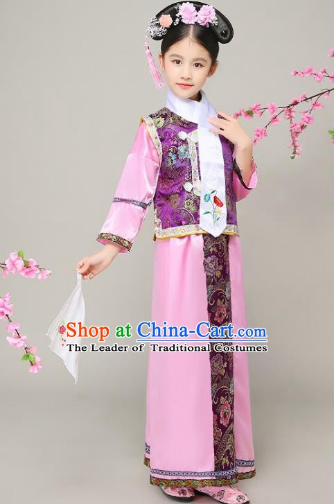 Traditional Chinese Qing Dynasty Court Princess Pink Costume, China Manchu Palace Lady Embroidered Clothing for Kids