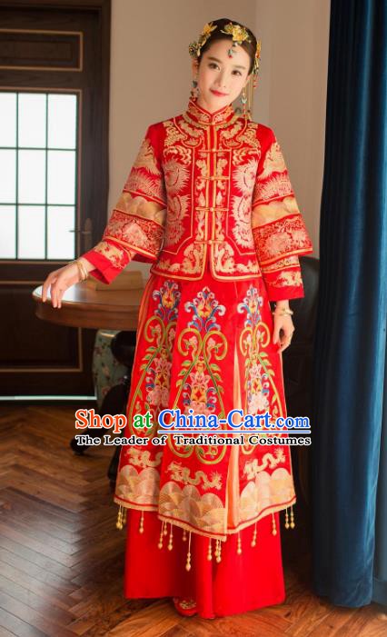 Chinese Traditional Wedding Xiuhe Suit Costume China Ancient Bride Cheongsam Embroidered Peony Toast Clothing for Women
