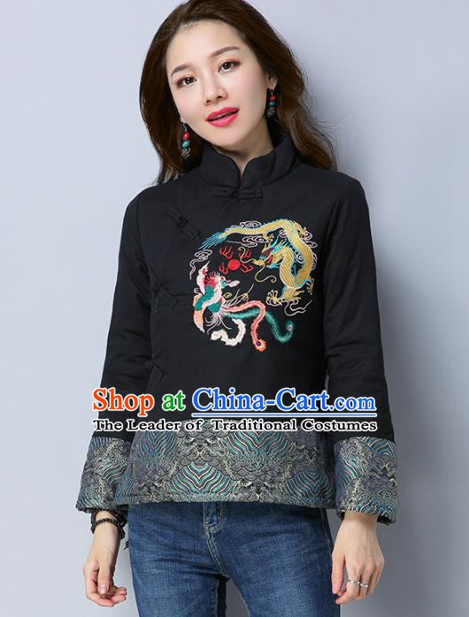 Traditional Chinese National Costume Hanfu Embroidered Dragons Black Cotton-padded Jacket, China Tang Suit Coat for Women