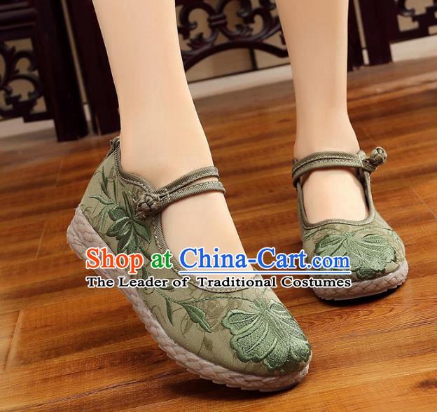 Asian Chinese Green Cloth Embroidered Shoes, Traditional China Princess Shoes Hanfu Embroidery Shoes for Women