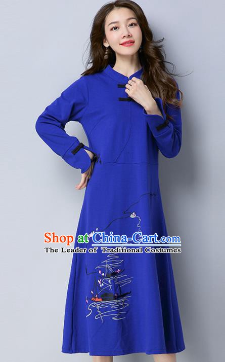 Traditional Chinese National Costume Hanfu Embroidered Blue Qipao Dress, China Tang Suit Cheongsam for Women
