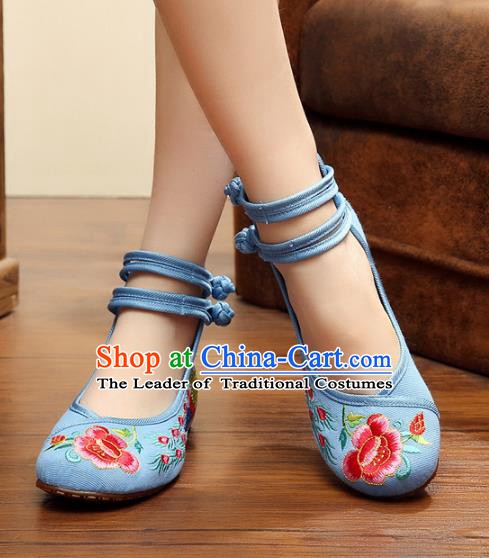 Asian Chinese National Embroidered Peony Phoenix Blue Shoes, Traditional China Princess Shoes Hanfu Embroidery Shoes for Women