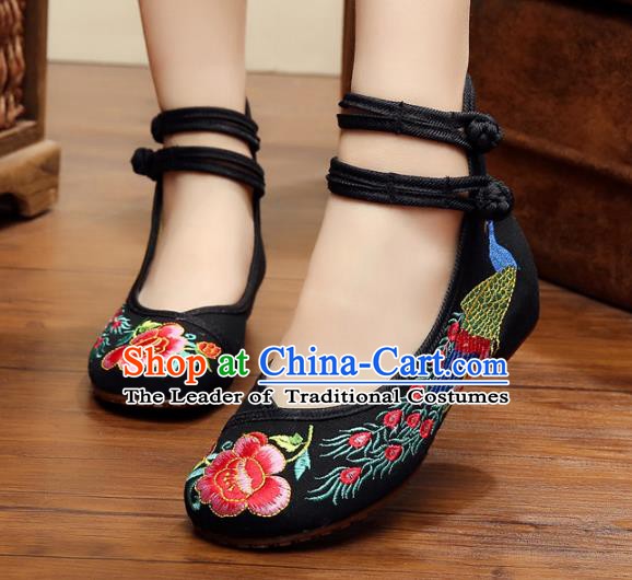 Asian Chinese National Embroidered Peony Phoenix Black Shoes, Traditional China Princess Shoes Hanfu Embroidery Shoes for Women