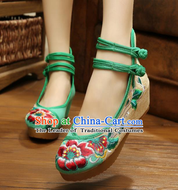 Traditional Chinese National Green Linen Embroidered Peony Shoes, China Princess Shoes Hanfu Embroidery Shoes for Women