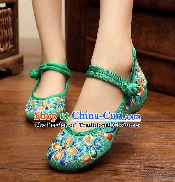 Traditional Chinese National Green Embroidered Shoes, China Princess Shoes Hanfu Embroidery Shoes for Women