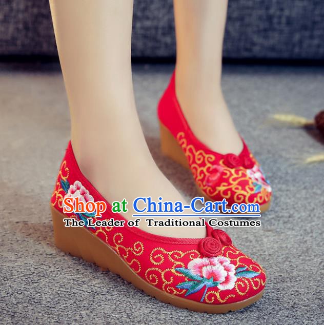 Traditional Chinese National Hanfu Red Embroidered Shoes, China Princess Embroidery Wedge Heel Shoes for Women