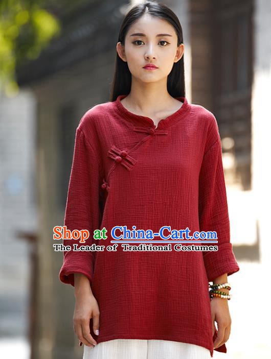 Traditional Chinese National Costume Hanfu Linen Red Blouse, China Tang Suit Cheongsam Upper Outer Garment Shirt for Women