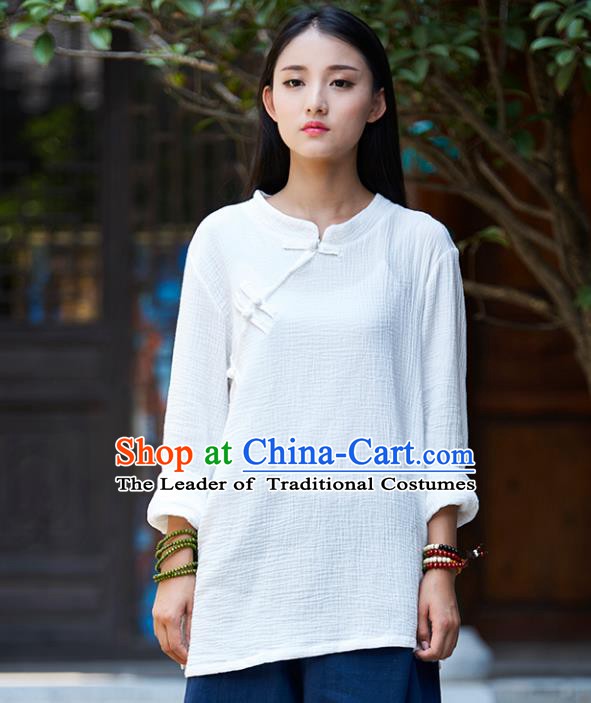 Traditional Chinese National Costume Hanfu Linen White Blouse, China Tang Suit Cheongsam Upper Outer Garment Shirt for Women