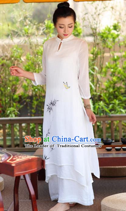 Traditional Chinese National Costume Hanfu Ink Painting White Qipao Dress, China Tang Suit Cheongsam for Women