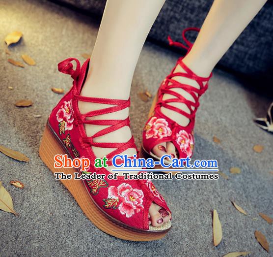 Traditional Chinese National Hanfu Red Embroidered Shoes, China Princess Embroidery Peep-toe Shoes for Women