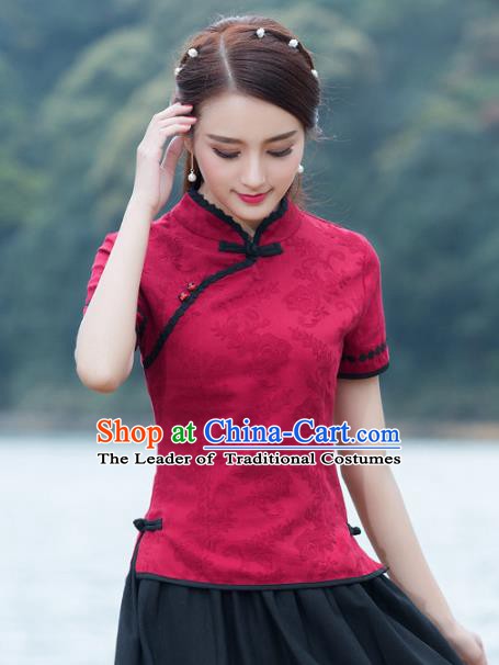Traditional Chinese National Costume Hanfu Red Qipao Blouse, China Tang Suit Cheongsam Upper Outer Garment Shirt for Women