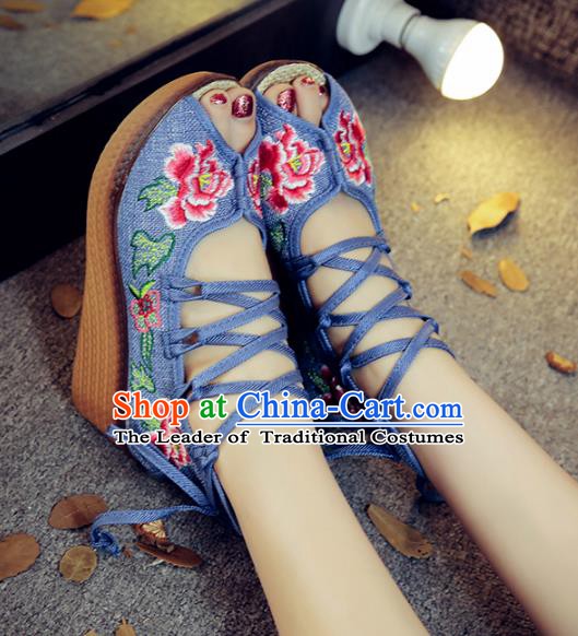 Traditional Chinese National Hanfu Blue Embroidered Shoes, China Princess Embroidery Peep-toe Shoes for Women