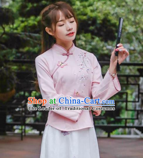 Traditional Chinese National Costume Hanfu Pink Embroidered Qipao Blouse, China Tang Suit Cheongsam Upper Outer Garment Shirt for Women