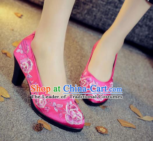 Traditional Chinese National Hanfu Rosy Embroidered Shoes, China Princess Embroidery Peony High-heeled Shoes for Women