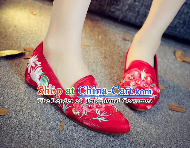 Traditional Chinese National Hanfu Embroidery Wintersweet Shoes, China Princess Red Embroidered Shoes for Women