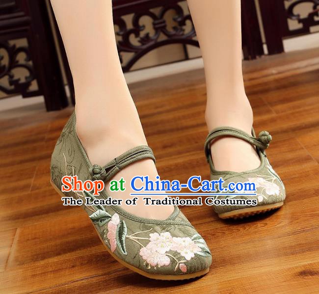 Traditional Chinese National Hanfu Embroidery Begonia Green Shoes, China Princess Embroidered Shoes for Women