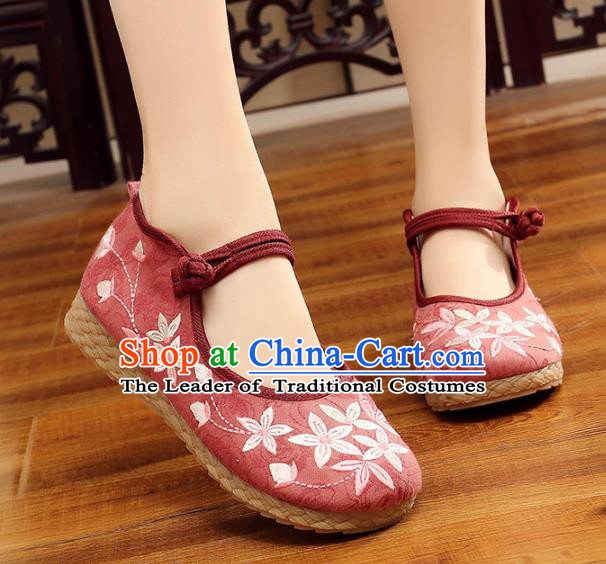 Traditional Chinese National Hanfu Embroidery Cherry Blossom Red Shoes, China Princess Embroidered Shoes for Women