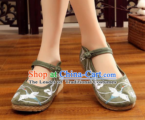 Traditional Chinese National Hanfu Green Embroidery Crane Shoes, China Princess Embroidered Shoes for Women