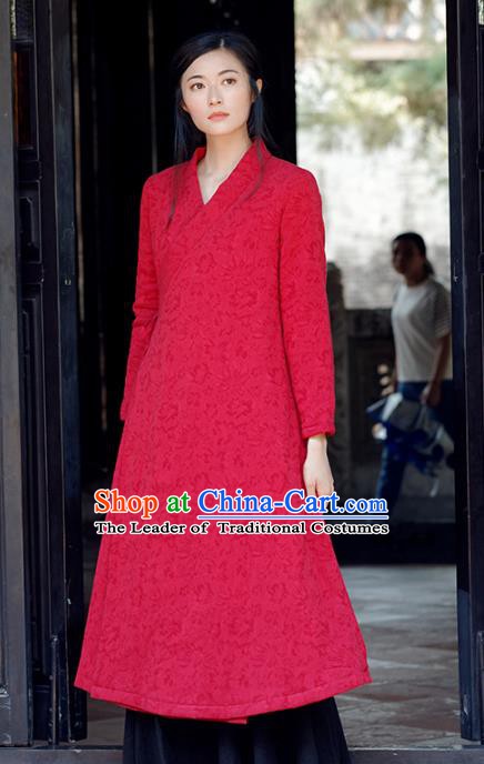 Traditional Chinese National Costume Hanfu Slant Opening Cotton-padded Coats, China Tang Suit Red Dust Coat for Women