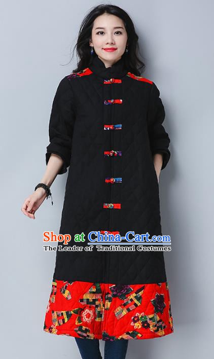 Traditional Chinese National Costume Hanfu Embroidered Cotton-padded Coat, China Tang Suit Plated Buttons Black Dust Coat for Women