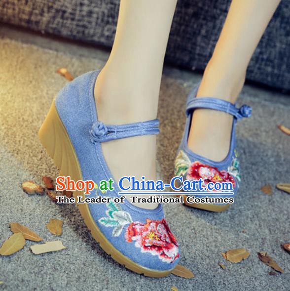 Traditional Chinese National Hanfu Embroidery Peony Blue Shoes, China Embroidered Shoes for Women